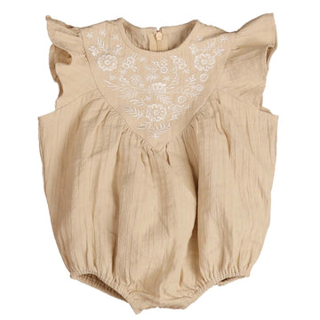 Belati Beige Crinkle Textured Embroidered V Yoke Baby Romper (bbb512)