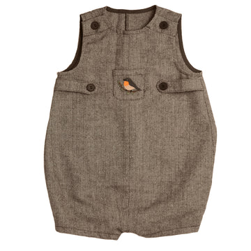 Belati Brown Herringbone Romper With Bird Embroidered Pocket