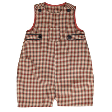 Belati Wine Houndstooth Baby Short Overall With Front Pocket