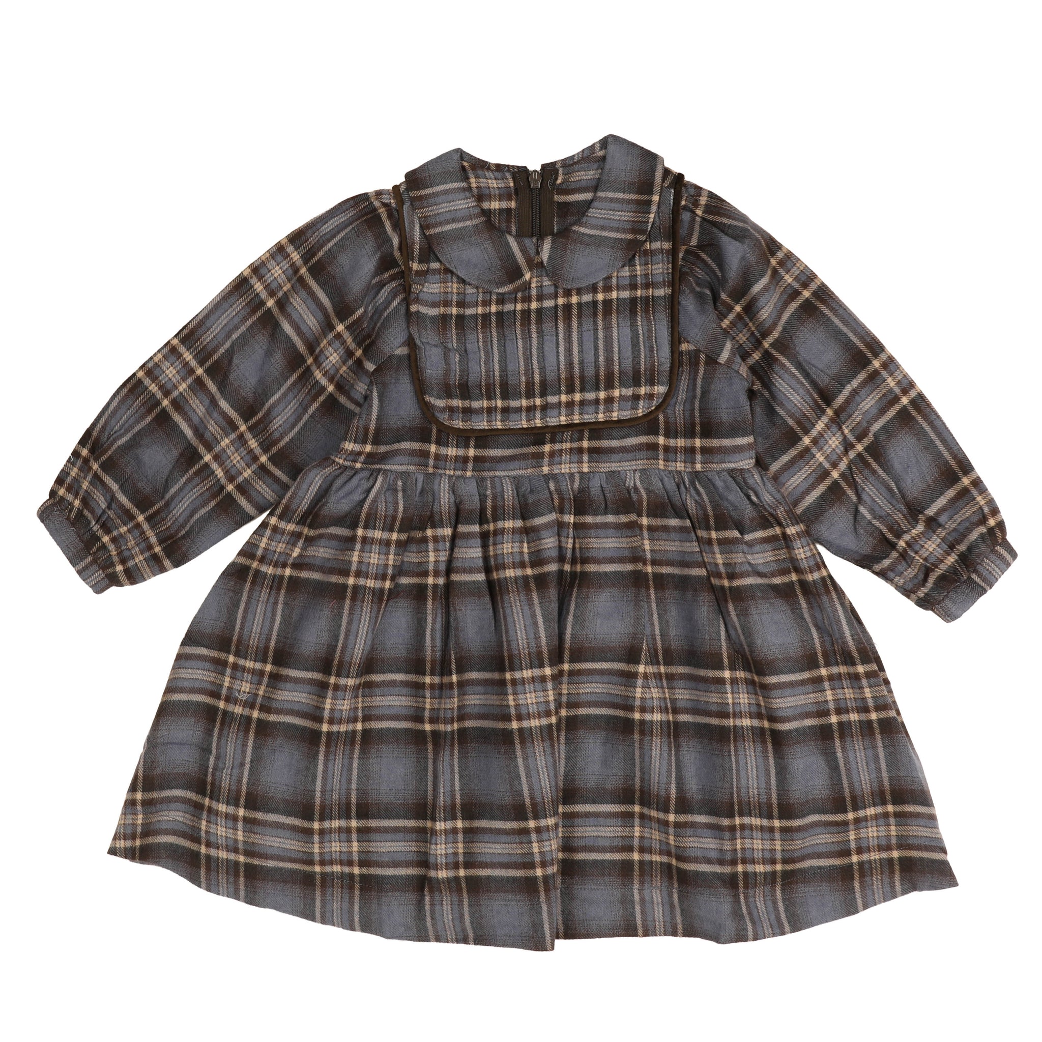 Belati Brown Blue Plaid Dress With Solid Bib