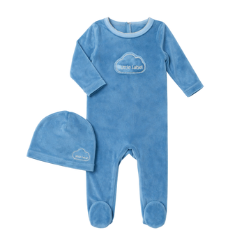 Little Label Blue Velour Cloud Footie & Hat Set