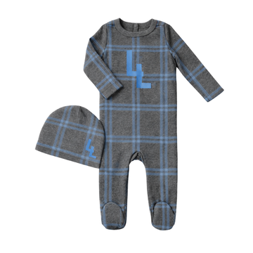 Little Label Blue Plaid Logo Footie & Hat Set