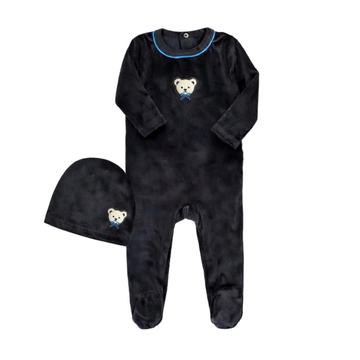 Little Label Black & Blue Velour Teddy Footie & Hat Set