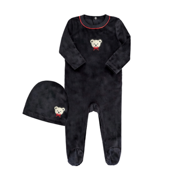 Little Label Black & Red Velour Teddy Footie & Hat Set