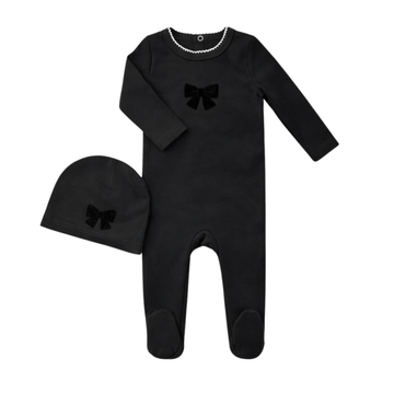 Little Label Black Velvet Bow Robe Footie & Hat Set