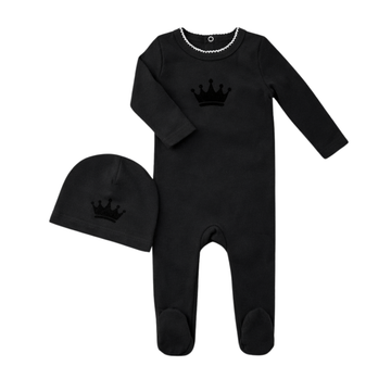 Little Label Black Velvet Crown Robe Footie & Hat Set