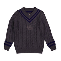 Belati Charcoal Cable V-Neck Emblem Knit (BKN380)