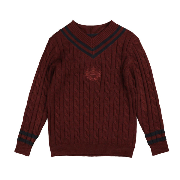 Belati Wine Cable V-Neck Emblem Knit (BKN380)