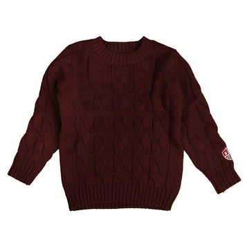 Belati Wine Cable Knit Sweater With Sleeve Badge