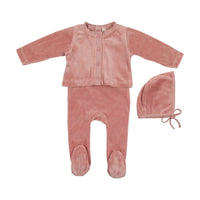 Bonjoy Pink Velour Stretchie, Embossed Cardigan, & Beanie