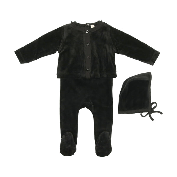 Bonjoy Black Velour Stretchie, Embossed Cardigan, & Beanie