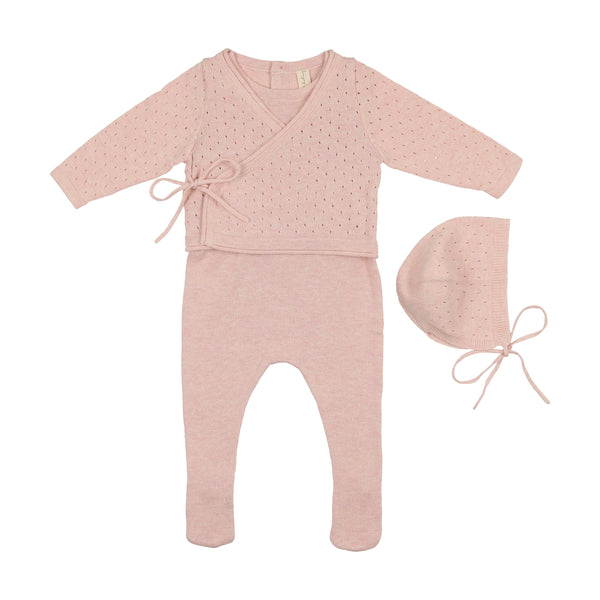 Bonjoy Baby Pink Knit Overlay Stretchie & Bonnet