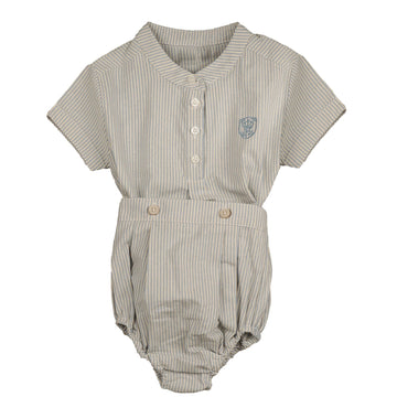 Belati Powder Blue Mandarin Collar Half Buttoned Striped Shirt And Bloomer Set (BSE571)
