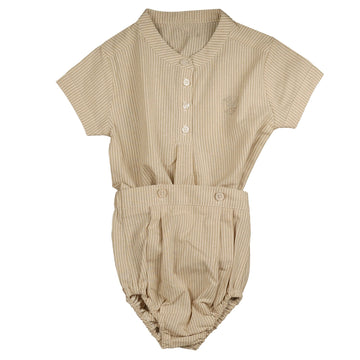 Belati Sand Mandarin Collar Half Buttoned Striped Shirt And Bloomer Set (BSE571)