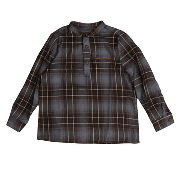 Belati Brown Blue Mandarin Collar Plaid Shirt