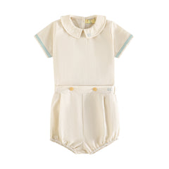RetroKid Cream/ Blue Bennet Baby Boy Button Up Set