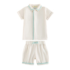RetroKid Cream/ Blue Bennet Boys Collar Shirt + Short Pants Set