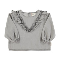 Piupiuchick Grey Chambray Blouse W/ V-Neck Ruffles On Chest