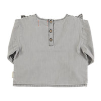 Piupiuchick Grey Chambray Blouse W/ V-Neck Ruffles On Chest