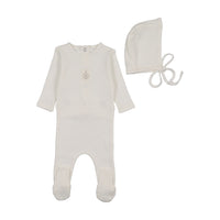 Bee & Dee Bird Pointelle Footie/Bonnet Chalk White
