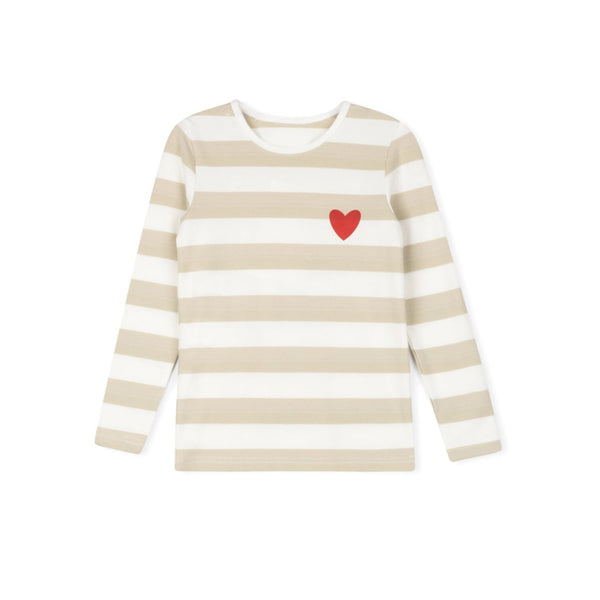 Phil and Phoebe Tan Pique Striped Heart Tee