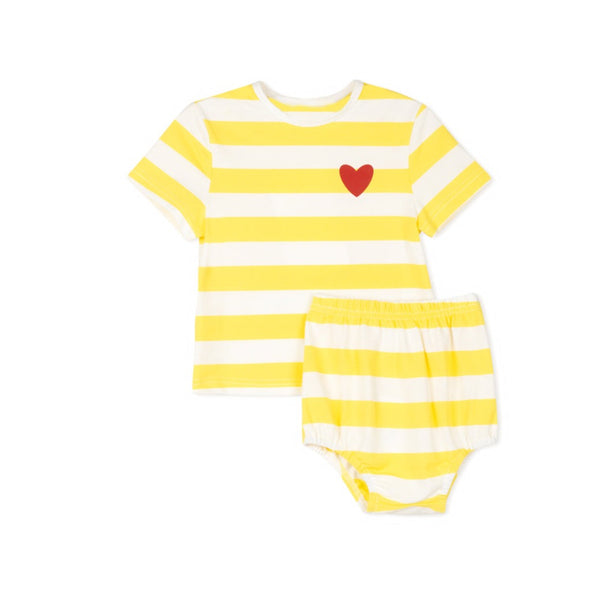 Phil and Phoebe Yellow Pique Striped Heart Tee And Bloomer