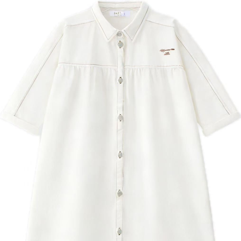 Coco Blanc White Denim Dress- 3/4 Sleeves | Buttons Bebe Coco Blanc White Denim Dress- 3/4 Sleeves | Buttons Bebe