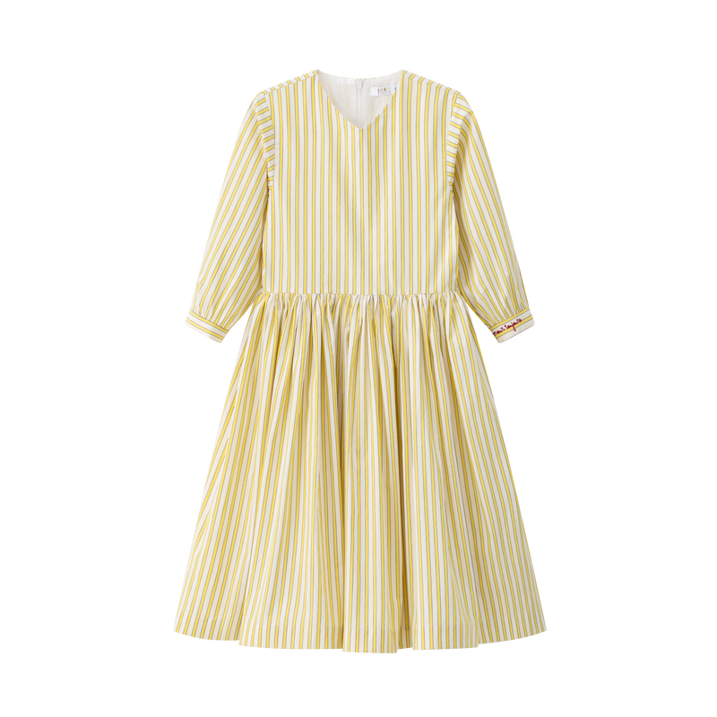 yellow and white striped dress Vertical Stripes Geometric A-Line by starrylite while the flowy midi skirt adds effortless movement with every step Yellow White Striped Viscose Linen