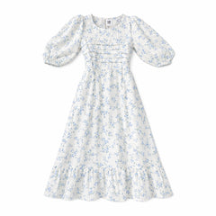 Noma Blue Stripe Eyelet Print Tiered Dress- neck opening is square