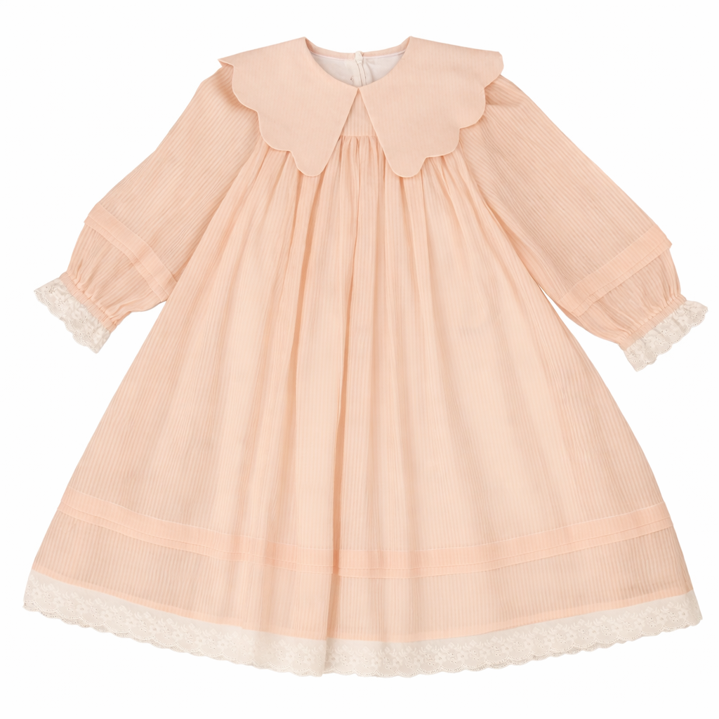 baby pink bell sleeve turtle neck dress Belati PINK STRIPED SCALLOP COLLAR SLEEVED DRESS (BDR217)