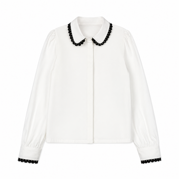 Velvette Label White With Black Scallop Trim Blouse (EF368)
