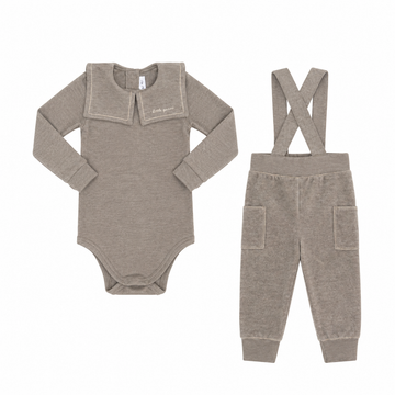 Little Parni Grey Embroidered Collar Velour Overall Set (K726)