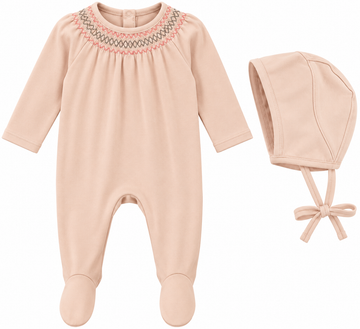 Bee & Dee Cotton w Smocked Footie with Bonnet Blush