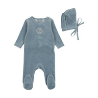 Bee & Dee Blue Fog Embroidered Center Embossed Footie with Bonnet