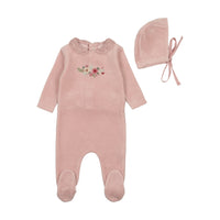 Bee & Dee Creme Pink Embroidered Flowers Velour Footie with Bonnet