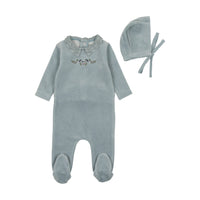 Bee & Dee Pale Blue Embroidered Flowers Velour Footie with Bonnet