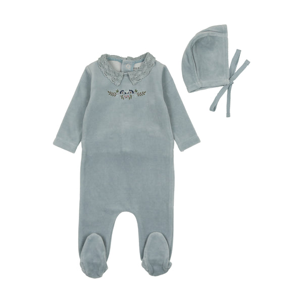 Bee & Dee Pale Blue Embroidered Flowers Velour Layette Set