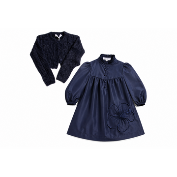Mode Avant Paris Navy Embroidered Dress with Mohair Cropped Cardigan