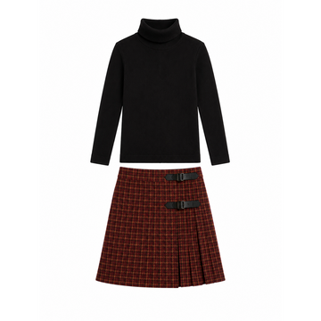 Mode Avant Paris Cherry Plaid Skirt with Black Knit Turtleneck