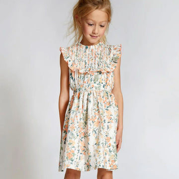 Nueces  CORAL FLOWERS STRIPES CHARM SMOCKED MIDI DRESS