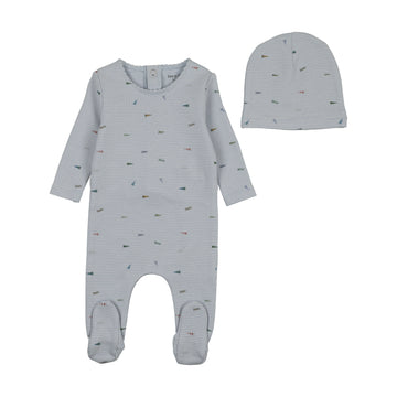 Bee & Dee Flag/Bow Print Footie/Beanie Blue Fog