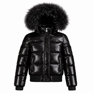Scotch Bonnet Black Glossy Fur Trimmed Hooded Girls Down Bomber Coat G21
