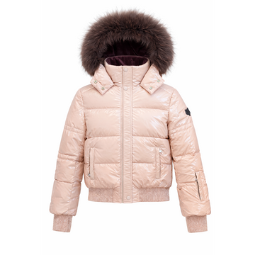 Scotch Bonnet Pink Glossy Fur Trimmed Hooded Girls Down Bomber Coat G22