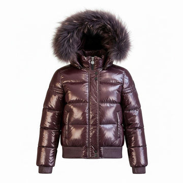 Scotch Bonnet Burgundy Glossy Fur Trimmed Hooded Girls Down Bomber Coat G23