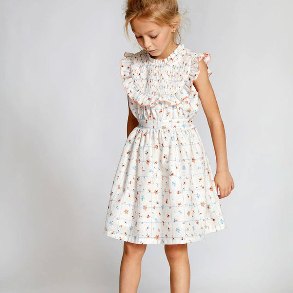 Nueces CORAL FLOWERS AND BLUE PLAIDS CHARM SMOCKED MIDI DRESS