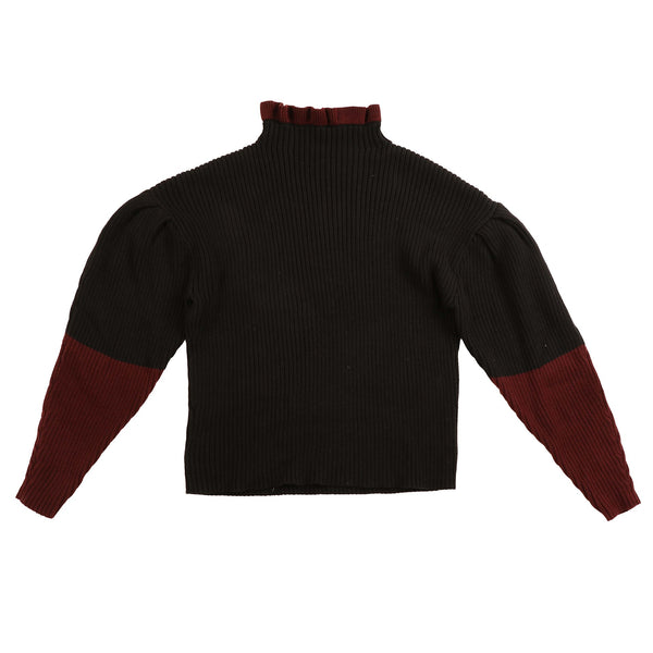 HEV Black Burgundy Contrast Sleeve Ruffle Neck Knit