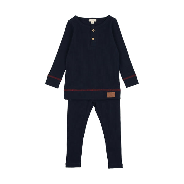 Lil Legs Henley Ribbed Set Navy/Red