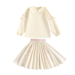 RetroKid Cream/ Pink Halston Gathered Ribbon Sleeve Collar Blouse & Smocked Skirt Set