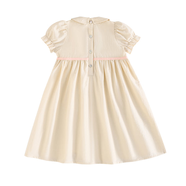RetroKid Cream/ Pink Halston Smocked Short Sleeve Dress