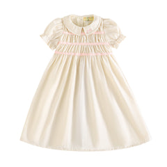 RetroKid Cream/ Pink Halston Smocked Short Sleeve Dress